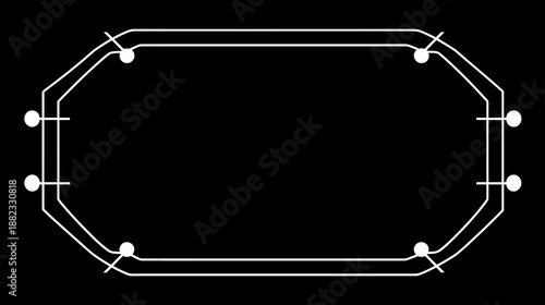 Minimalist white geometric frame with connection points on black background, abstract tech border graphic