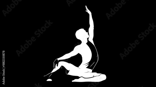 Mindful yoga pose silhouette graphic. Person meditating in seated twist for wellness, peace, and healthy lifestyle on black background.