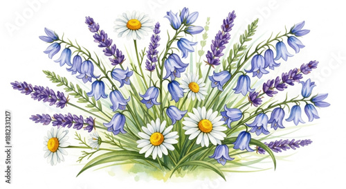 Beautiful bouquet of colorful flowers including daisies and lavender with green stems and leaves