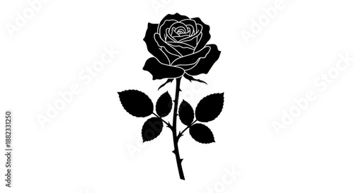Black silhouette of a single rose on a stem with leaves
