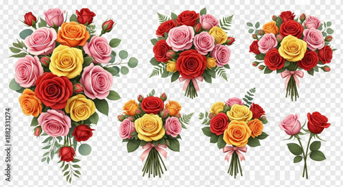 Colorful bouquets of roses in various arrangements