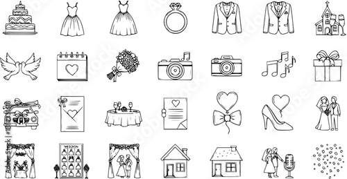 Wedding Event Hand-Drawn Line Art Icons Set. Black and White Sketch Collection of Marriage Symbols, Dresses, Cake, Ring, and Ceremony Elements.