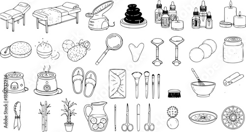 Spa and Beauty Line Art Icons: Massage Beds, Oils, Tools, Candles, and More for Wellness