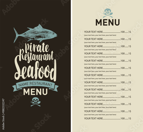Vector banner with tuna on the theme of seafood and ocean fish on a black background with space for text. Logo, menu, price list for restaurant, cafe. Signboard, for fish market, store.