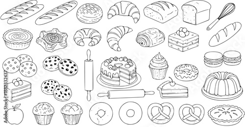 Food and Baking Industry Black and White Line Art Collection of Hand-drawn Bakery Products, Pastries, Bread, Cakes, Cookies, and Tools