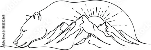 Single line sleeping bear transforming into mountain with rising sun symbol of awakening nature