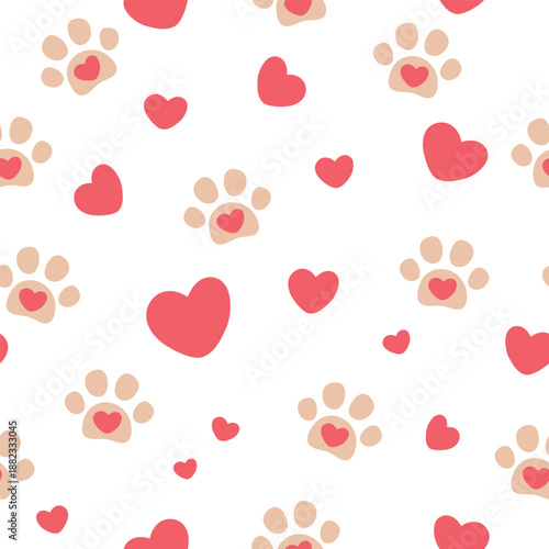 Pet paw seamless pattern. Vector illustration with paw and hearts on white background. It can be used for wallpapers, wrapping, cards, patterns for clothes and other.