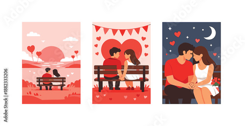 Romantic flat icon set. featuring couples, heart, bench, sunset, moon, stars, love, and park symbols