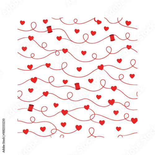 Sewing and love flat icon set. featuring hearts, thread, and stitches symbols