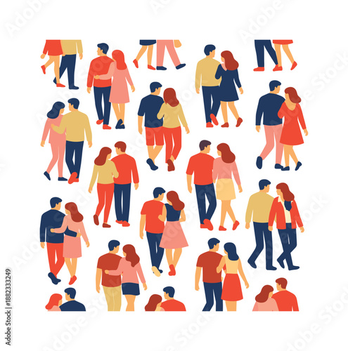 Relationships flat icon set. featuring couples strolling, holding hands, walking, interacting in various poses