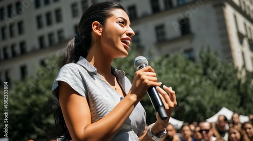 Female young politician giving a speech to his followers during an outdoors political rally	
