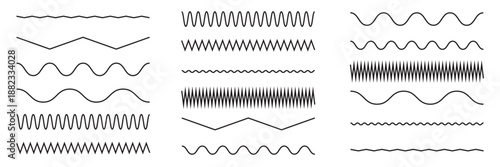 Zigzag wave line patterns, smooth end squiggly horizontal white lines. Vector curvy underlines on white background .
