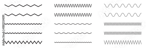 Zigzag wave line patterns, smooth end squiggly horizontal white lines. Vector curvy underlines on white background .
