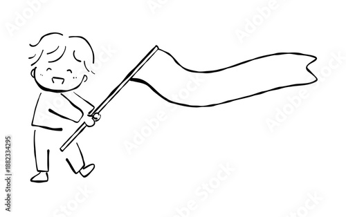 大きな無地の旗やバナーを持って元気に微笑んでいる可愛い男の子の手書きイラスト