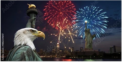 American independence celebration with bald eagle Statue of Liberty fireworks and USA flag over New York.