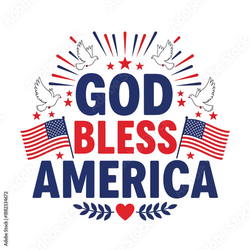 Patriotic USA Celebration Graphic with Flags, Stars, Doves, and 'God Bless America' Text
