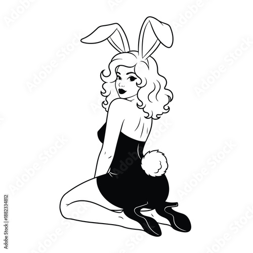 Glamorous Woman in Bunny Costume Posing Playfully in Classic Pin-Up Style Illustration
