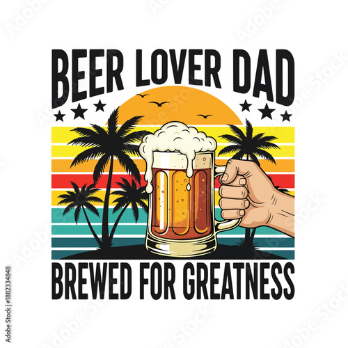 Tropical sunset illustration for a beer-loving dad, celebrating fatherhood with a refreshing drink on a beach vacation.