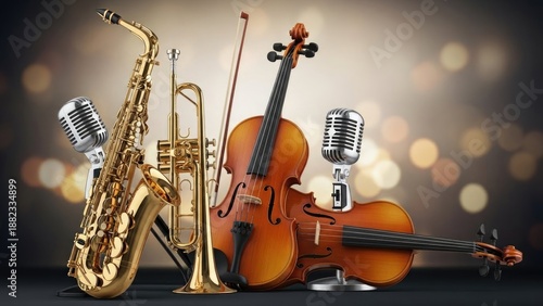 Golden saxophone, brass trumpet, and wooden violins with vintage microphones arranged together, evoking a lively music ensemble, soft bokeh background.