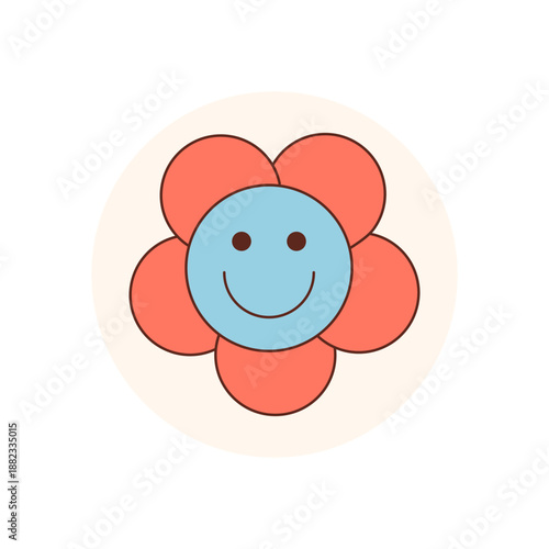 Groovy retro flower sticker in flat style with blue smiley face in a circle. Happy emblem for package seal or lid, vibrant y2k groovy element adds a playful vibe to modern product branding.