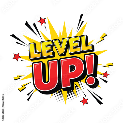 Energetic 'Level Up!' pop art text graphic for game achievement, progress, and success motivation.