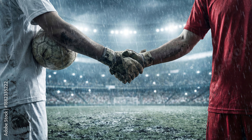 Football Fair Play Handshake Before Match in Stadium. Dramatic Sport background.