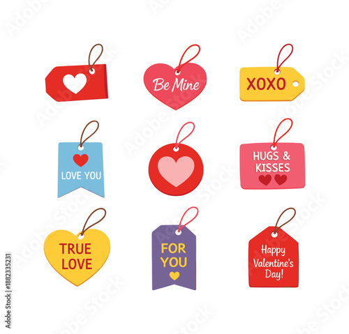 Valentine's day flat icon set. featuring be mine, xoxo, love you, true love, for you, heart tags, and more symbols