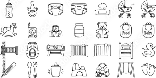 Baby and Childcare Line Art Icons Set. Black and White Outline Collection of Parenting Essentials, Nursery Gear, and Infant Objects.