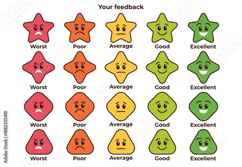 A set of rating scale icons using various shapes and colors to express customer satisfaction levels from worst to excellent. Ideal for feedback surveys, websites, and apps.