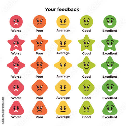 A set of rating scale icons using various shapes and colors to express customer satisfaction levels from worst to excellent. Ideal for feedback surveys, websites, and apps.