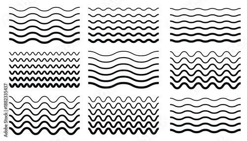 A set of black seamless halftone wavy lines and borders with varying thicknesses and frequencies. Striped infinity curly patterns or frames. Ideal for abstract designs, simple patterns.
