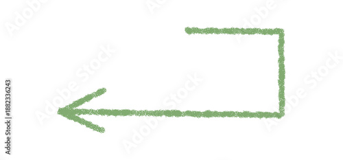 Green crayon arrow hand drawn in a sketch style with visible stroke and turn. This unique symbol acts as a pointer or icon element, ideal for creative concepts, posters, or educational banner art.