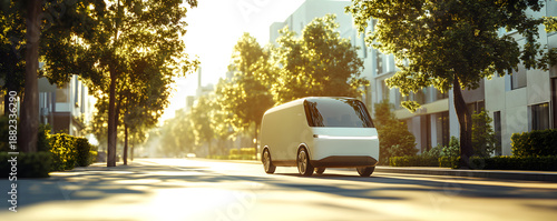 A futuristic autonomous delivery van on a city street during a sunny morning. Electric vehicle for sustainable last-mile logistics and future transportation concept