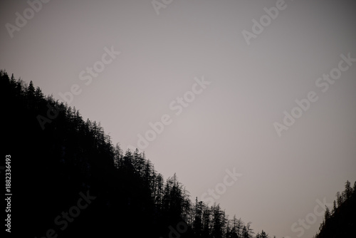 Minimalist view of a V-shaped alpine valley at dusk; forested ridges in silhouette under a soft gradient sky.