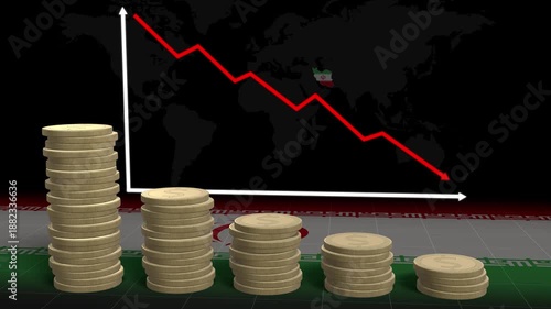 Iran Economic Crisis Concept with Falling Market Graph and Decreasing Dollar Coin Stacks