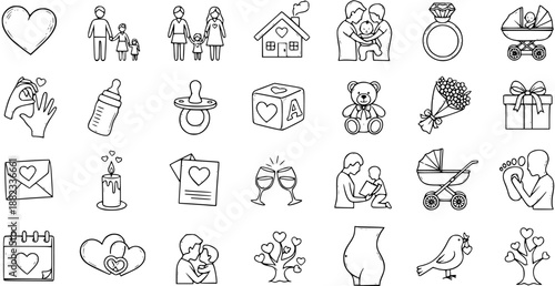 Family and Love Icons Collection in Black and White Line Art Style: Relationships, Pregnancy, Baby, and Romance Symbols