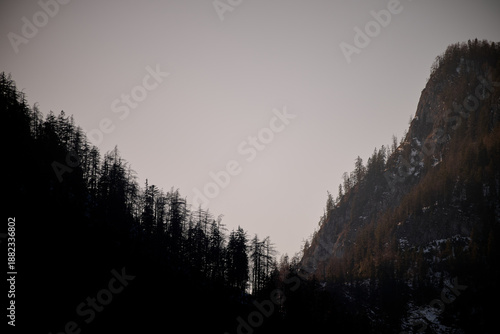 Opposing ridgelines and forest silhouettes meet at a valley mouth at twilight; quiet winter scene in the Bavarian Alps.