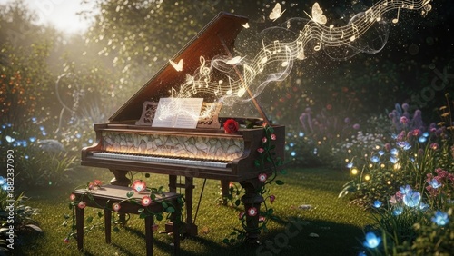 Grand piano in a vibrant garden, with glowing musical notes ascending into the air alongside butterflies, surrounded by lush greenery and luminous flowers at dawn, evoking a sense of magical
