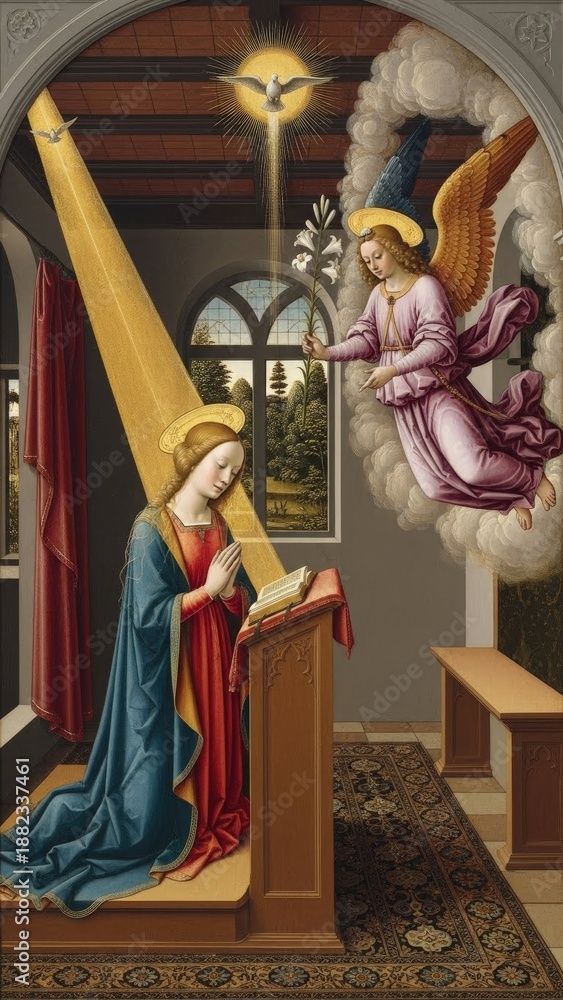 Fototapeta premium An ethereal portrayal of the sacred Annunciation to the Virgin Mary, as Archangel Gabriel delivers the divine proclamation about Jesus Christ, humanity's Savior