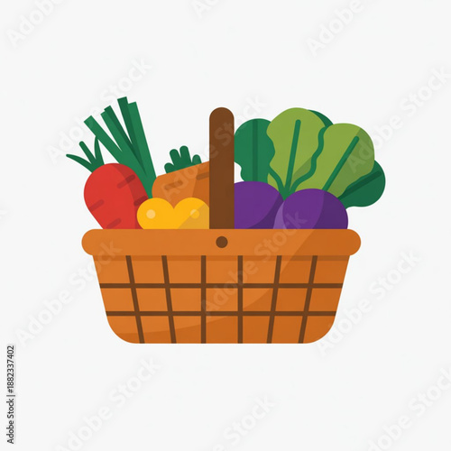A colorful illustration of a wicker basket filled with various fresh vegetables
