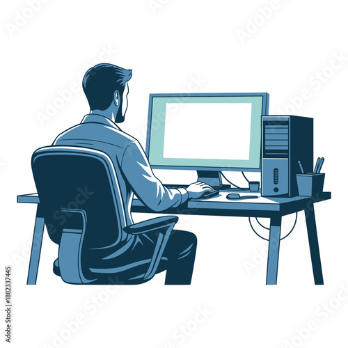 A man sits at a desk and works on a computer with a blank screen.