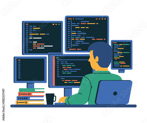A programmer works on multiple computer screens displaying code in an office setting.