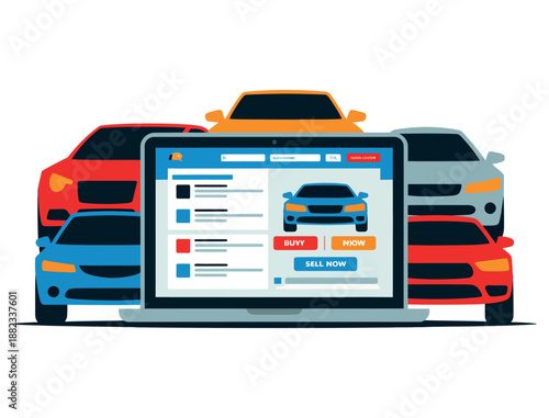 Laptop displays car listings with multiple vehicles in the background.