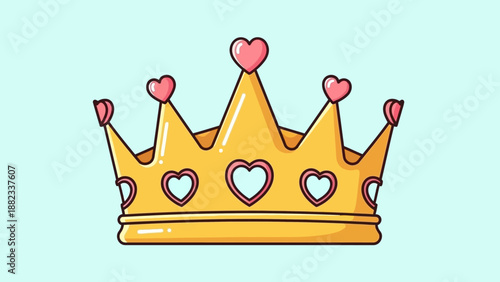 Golden Crown with Heart Decorations Cartoon Illustration.