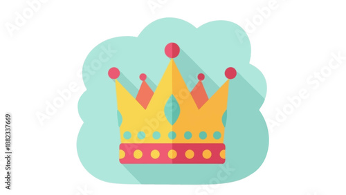 Golden Crown with Red Jewels Flat Design Icon.