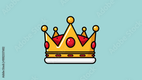 Golden Royal Crown with Red Jewels Flat Cartoon Vector Illustration.