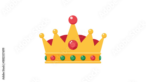 Golden Royal Crown Adorned with Red and Green Jewels on a White Background.