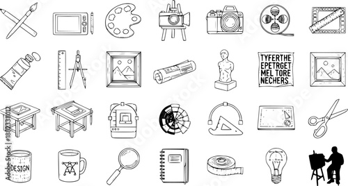 Black and White Hand Drawn Art and Design Tools Line Art Icons Set. Creative Studio Equipment Sketch Collection for Artists.