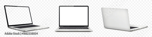 Laptop computer with white and empty screen, front and rear view isolated on transparent background