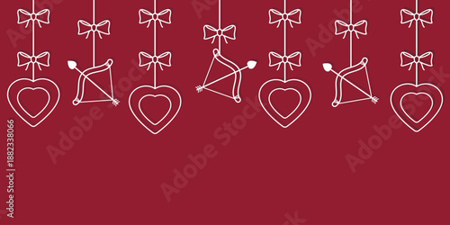 Valentines day hanging abstract hearts with Cupid bow and arrow background